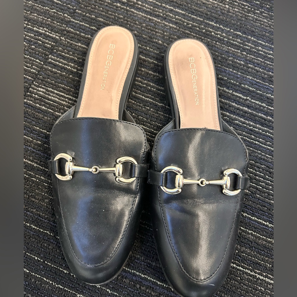 Bcbgeneration Black Leather Mules With Silver Accents